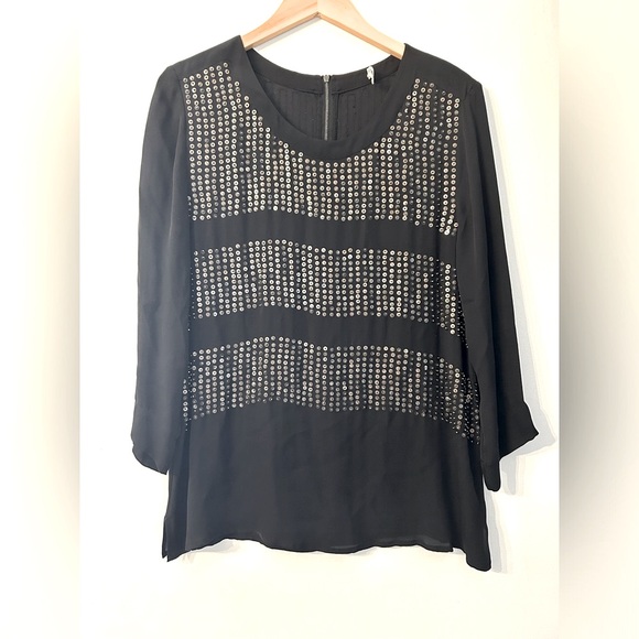 L'AGENCE Womens Size 10 Black Embellished Sequined Silk 3/4 Sleeve Top - Picture 1 of 9